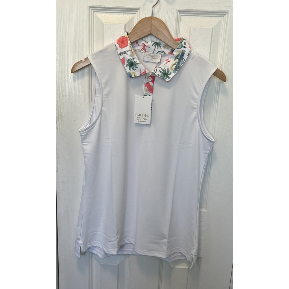 Smith & Quinn Womens Sleeveless Golf Polo Top White Tropical Print Tennis L